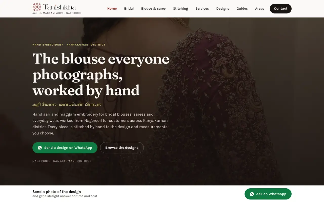 Tanishkha Aari homepage on desktop: The blouse everyone photographs, worked by hand