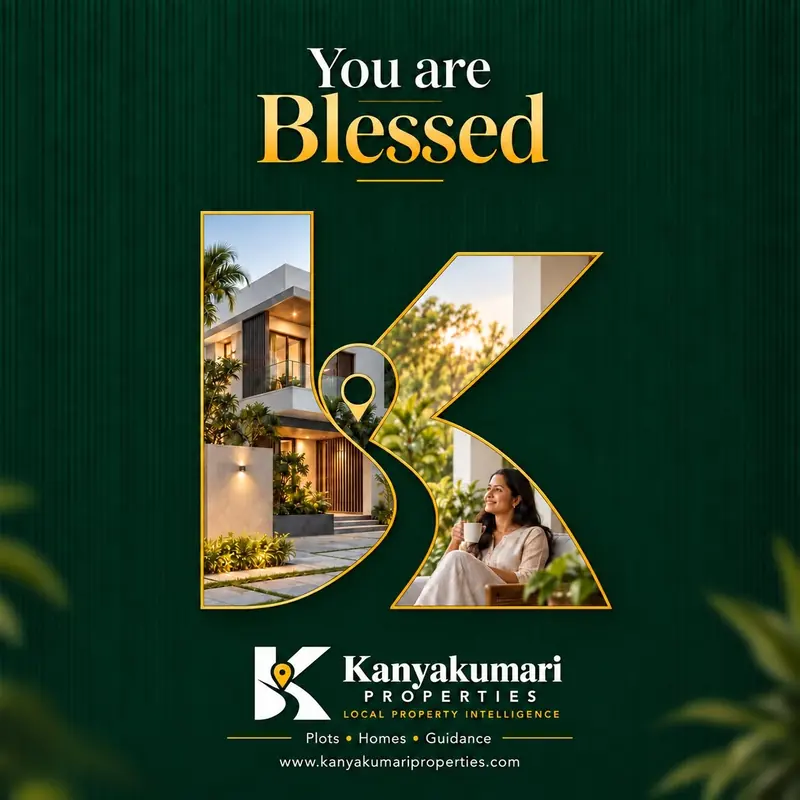 Kanyakumari Properties post on deep green: “You are Blessed” in gold serif lettering above a large gold K logo that frames a modern home and a woman smiling in a garden. Footer: Kanyakumari Properties, Local Property Intelligence, Plots, Homes, Guidance.